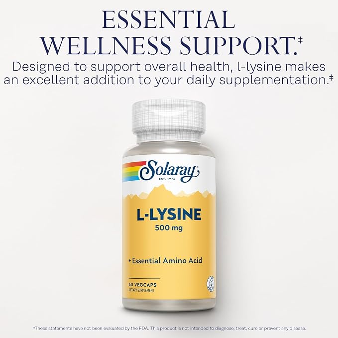 SOLARAY L Lysine 500 mg Capsules - Free-Form Essential Amino Acids Supplement - Powerful Wellness Support with L-Lysine Amino Acid - Lab Verified, 60-Day Guarantee, 60 Servings, 60 VegCaps