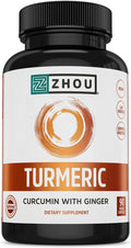 Zhou Turmeric Curcumin with Ginger - Turmeric and Ginger Supplement for Women and Men, Curcuminoids with Black Pepper Extract for Digestion and Digestive Health - 90 Veggie Capsules