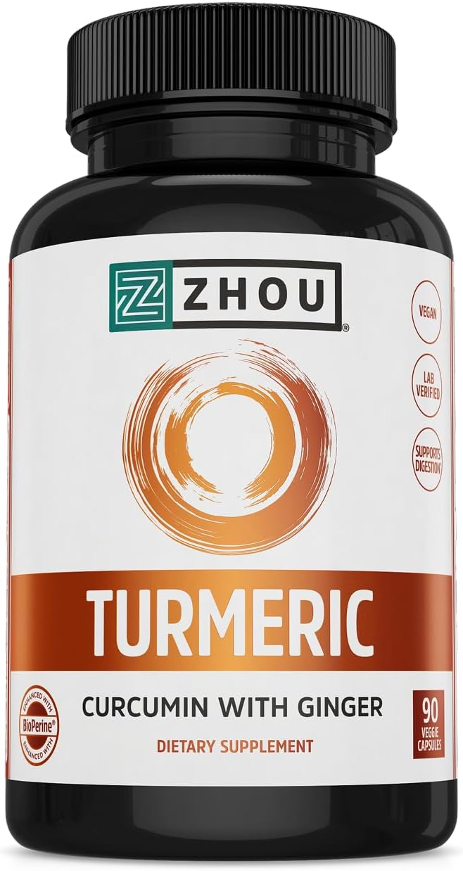 Zhou Turmeric Curcumin with Ginger - Turmeric and Ginger Supplement for Women and Men, Curcuminoids with Black Pepper Extract for Digestion and Digestive Health - 90 Veggie Capsules