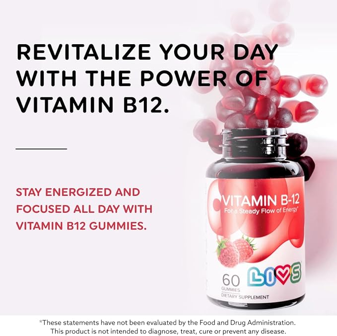 LIVS Vitamin B12 Gummies for Adults & Kids | Vegan Methylcobalamin B12 Supplement | Energy, Metabolism & Nerve Support | Raspberry Flavor | Non-GMO, Gluten-Free, Pectin-Based | 120 Count
