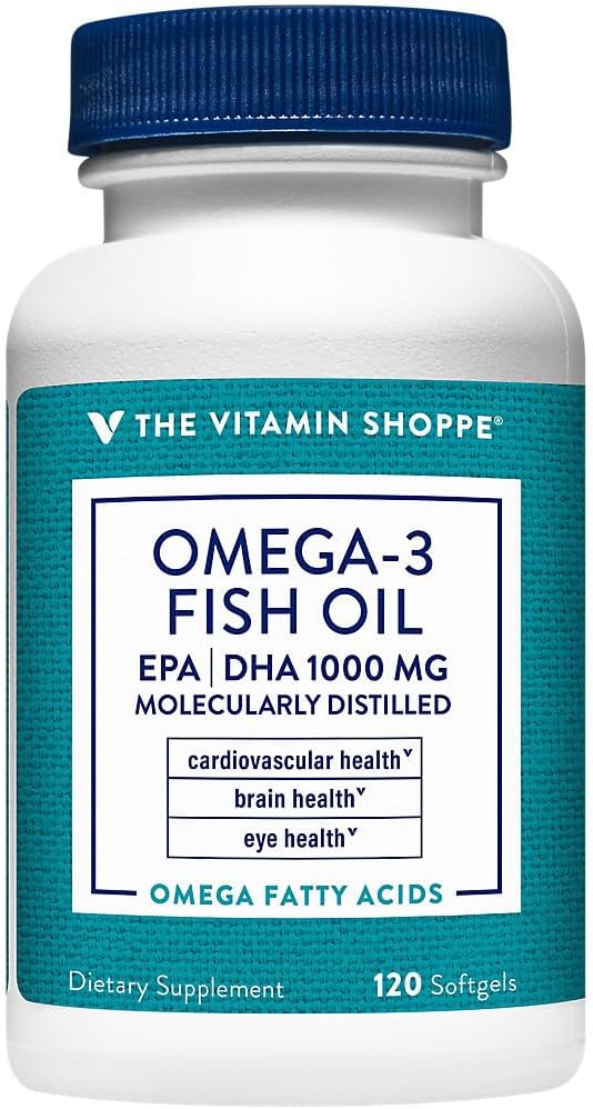 The Vitamin Shoppe Omega 3 Fish Oil 1000MG EPA DHA - Heart Health, Brain Function & Joint Support, Molecularly Distilled (120 Softgels)