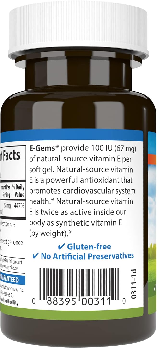 Carlson - E-Gems, 100 IU (67 mg), Natural-Source Vitamin E, Heart Health & Optimal Wellness, Antioxidant, 100 Soft Gels