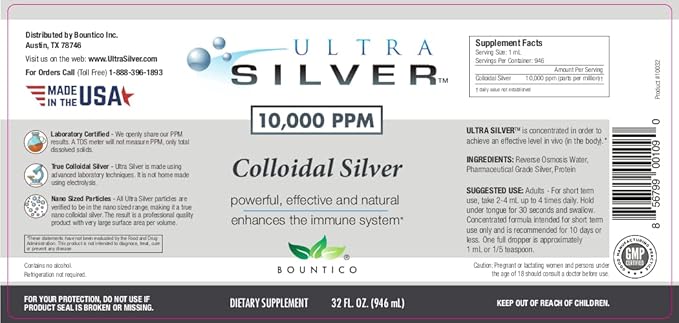 Ultra Silver® Colloidal Silver | 10,000 PPM, 32 Oz (946mL) | Mineral Supplement | True Colloidal Silver - 4 oz Dropper Bottle (Empty) Included for Dispensing!