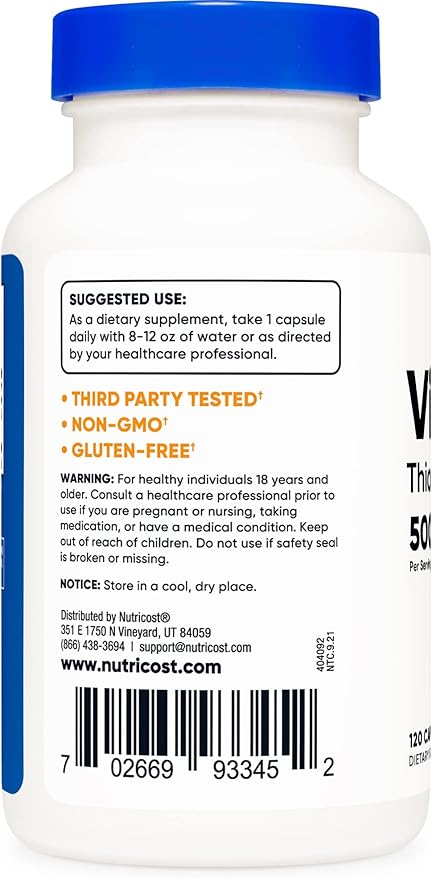 Nutricost Vitamin B1 (Thiamin) 500mg, 120 Capsules (3 Bottles)
