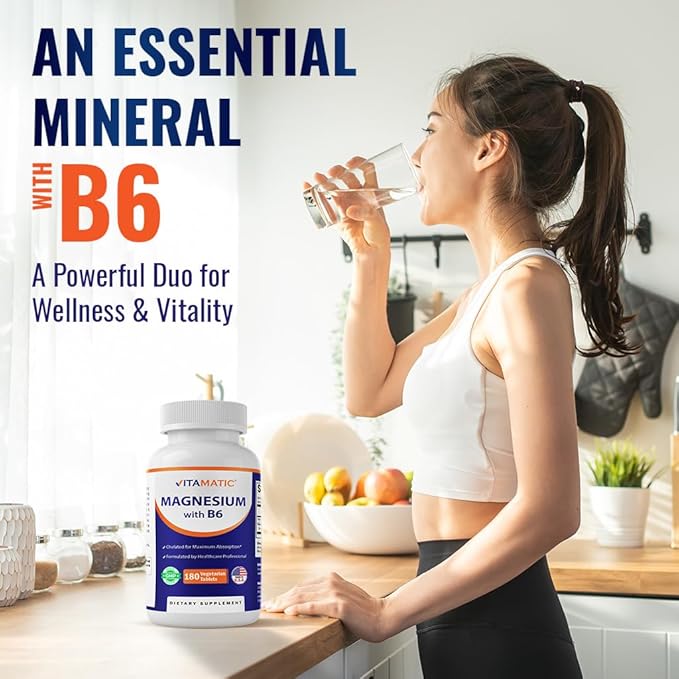 Vitamatic Magnesium with B6-180 Vegetarian Tablets (Uncoated) - Added B6 for Maximum Absorption - Supports Muscle, Joint, and Heart Health