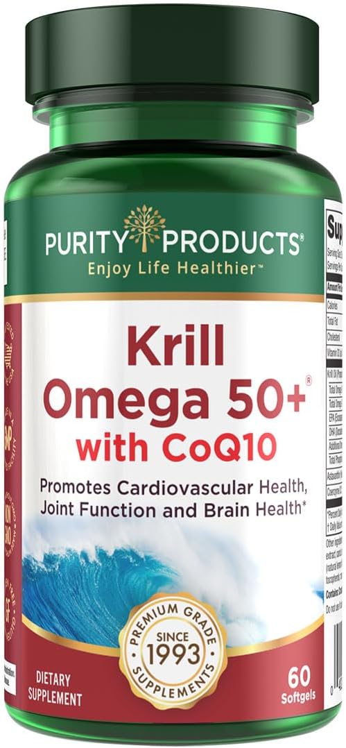 Krill Omega 50 Plus w/ CoQ10 from Purity Products - 1300mg Krill Oil and Fish Oil Blend - 100mg CoQ10-500mg Natural Astaxanthin - Support for Cardio, Joint and Brain Health - 60 Mini Soft Gels
