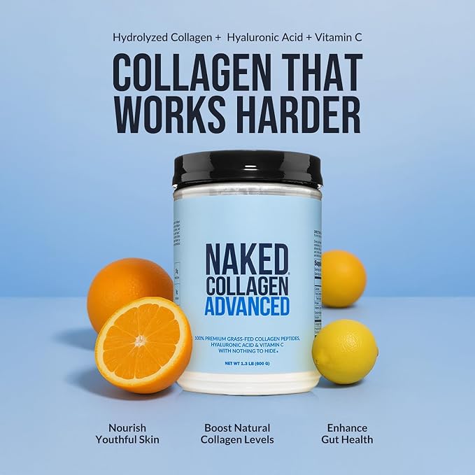 NAKED Vanilla Collagen Advanced - Peptides Protein Powder, Hyaluronic Acid, Vitamin C, Pasture-Raised, Grass-Fed Hydrolyzed Collagen Supplement, Paleo Friendly, Non-GMO, Keto, Gluten Free, 1.3LB