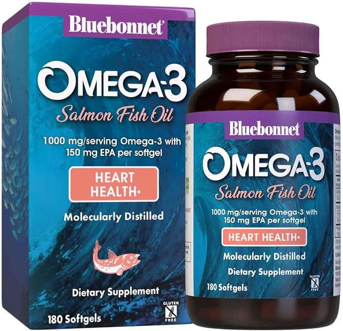 BlueBonnet Omega 3 1000mg Salmon Oil EPA DHA Essential Fatty Acids - Heart Health Supplement for Women & Men - Molecularly Distilled, Triglyceride Form Omega-3 Wild Salmon Fish Oil - 180 Softgels