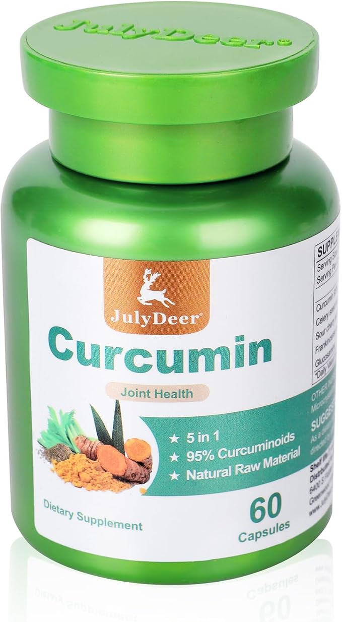 JulyDeer Curcumin Turmeric 95% with Celery Seed, Sour Cherry, Frankincense Extract, Glucosamine 5 in 1 Formula 95% Curcuminoid Natural Antioxidant Supplements Support to Joints and Immune Health