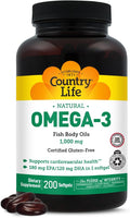 Country Life Omega-3 Fish Oil Supplement, 1000mg, 180mg EPA & 120mg DHA, Fish Oil Concentrate, Burpless, 200 Softgels, Certified Gluten Free