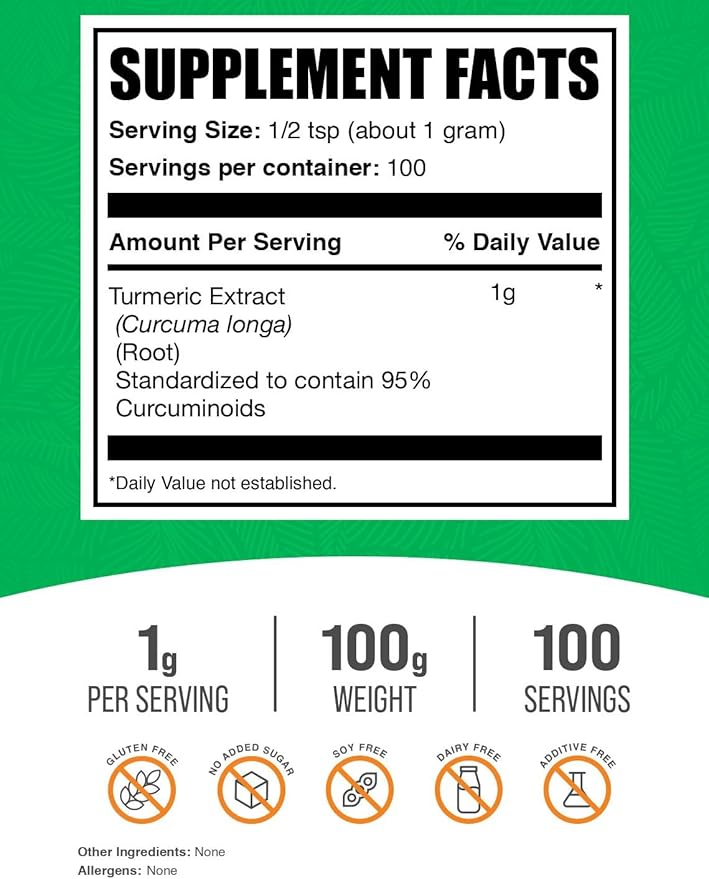 BulkSupplements.com Turmeric Extract Powder - from Turmeric Root, Curcumin Supplements, Turmeric Curcumin Powder - Gluten Free, 1g per Serving, 100g (3.5 oz) (Pack of 1)