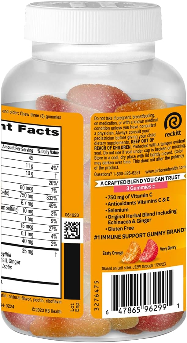 Airborne 750mg Vitamin C Immune Support Supplement Gummies for Adults, Assorted Fruit Flavor, Gluten Free Crafted Blend with Powerful Antioxidants Vitamins A C & E, 63 Gummies (3 Pack)