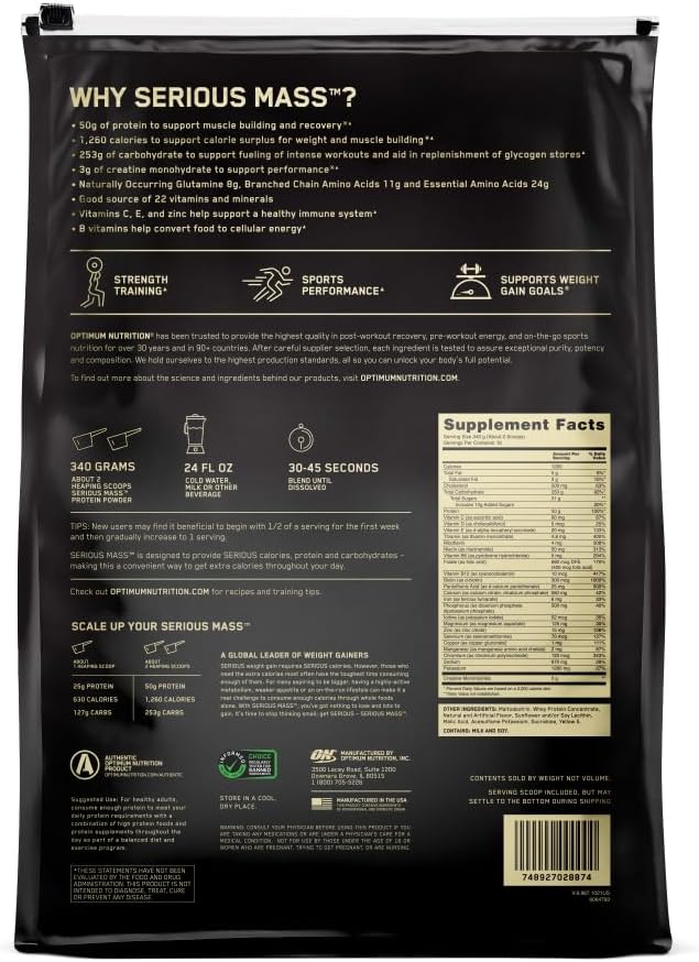 Optimum Nutrition Serious Mass, Weight Gainer Protein Powder, Mass Gainer, Vitamin C and Zinc for Immune Support, Creatine, Banana, 12 Pound (Packaging May Vary)