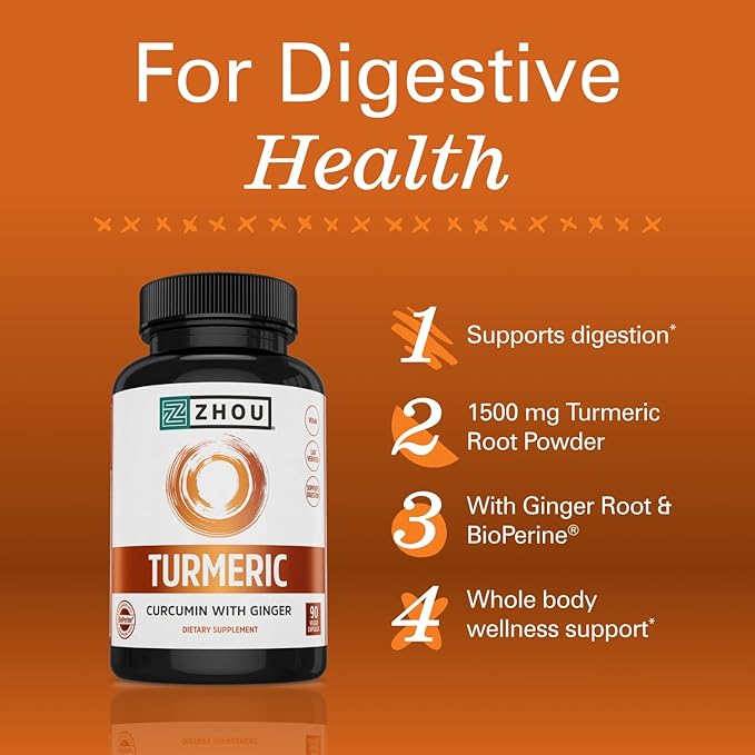 Zhou Turmeric Curcumin with Ginger - Turmeric and Ginger Supplement for Women and Men, Curcuminoids with Black Pepper Extract for Digestion and Digestive Health - 90 Veggie Capsules