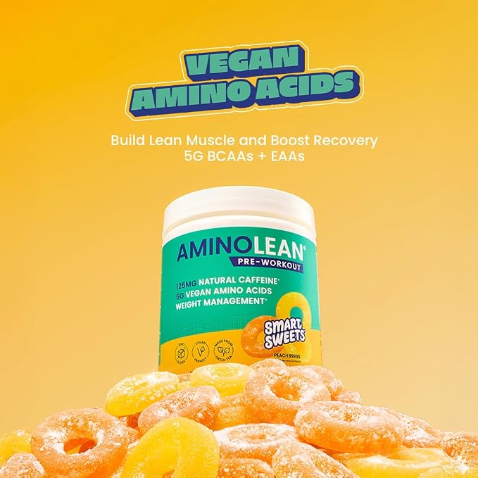 RSP NUTRITION AminoLean x SmartSweets Pre Workout Powder, Amino Energy with Vegan BCAA Amino Acids & Natural Caffeine, Preworkout Boost for Men & Women, Peach Rings