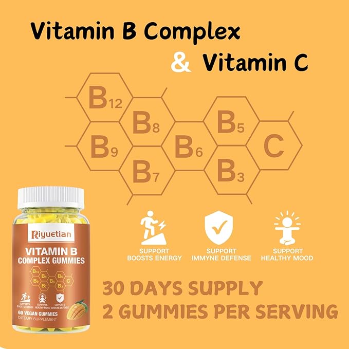 Vitamin B Complex Gummies with Biotin,Choline + Inositol, Vitamin C + Zinc for Supports Energy, Brain, Mood, Immune, Healthy Hair, Skin - Natural Mango Flavor - Vegan Diet - 120 Vegan