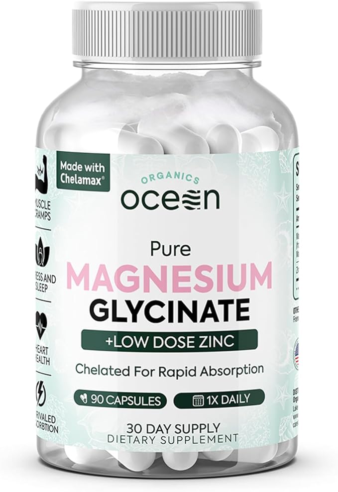 Organics Ocean Pure Magnesium Glycinate with Zinc - Maximum Strength Chelated Magnesium Supplement for Women and Men for Muscle Cramps and Sleep Support - 90 Capsule