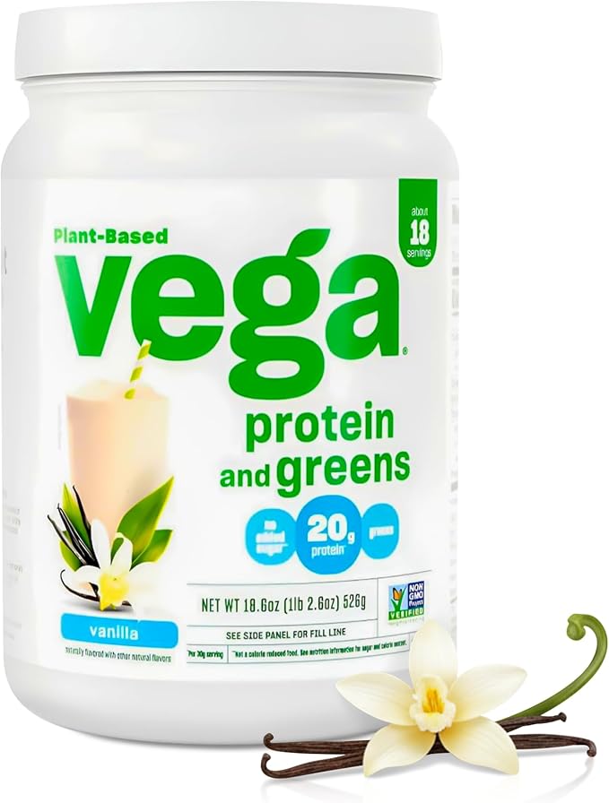 Vega Premium Protein + Supergreens, Vanilla – 20g Vegan Protein, Dairy & Gluten Free, 19.2 oz (18 Servings)