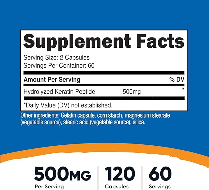Nutricost Keratin Hydrolized Peptide Capsules - 500MG, 120 Capsules (60 Servings) - Non-GMO, Gluten-Free Formula