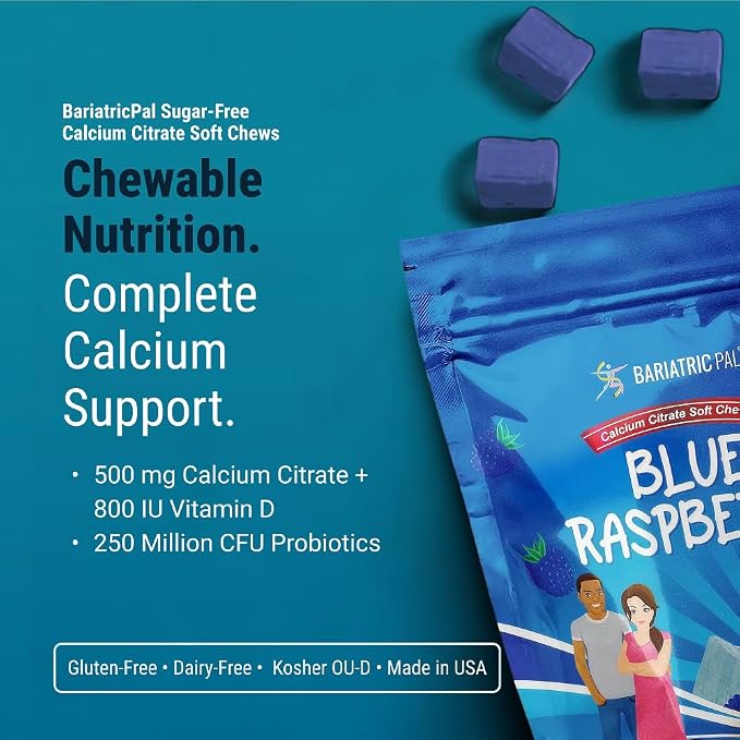 BariatricPal Sugar-Free Calcium Citrate Soft Chews | 500mg with Vitamin D & Probiotics | Blue Raspberry | 90 Count (1 Month Supply)