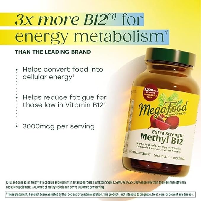 MegaFood Extra Strength Methyl B12 Vitamins, Bioavailable Vitamin B12 3000mcg Per Serving, Supports Energy Metabolism & Nervous System Health, Beet Root, Vegan, Gluten Free, 90 Capsules, 90 Servings