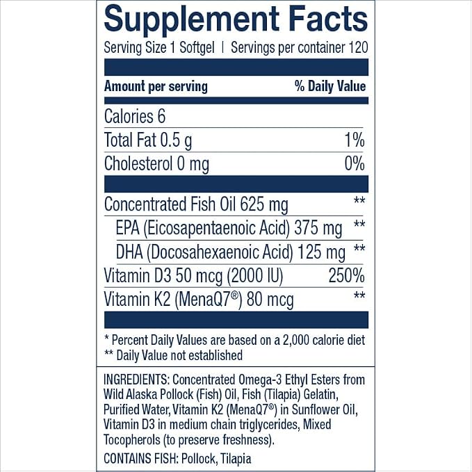 Wiley's Finest Wild Alaskan Fish Oil Vitamin K2 & D3 Softgels - 500mg of EPA and DHA Omega-3s for Bone and Heart Health Support - 120 Softgels (120 Servings)