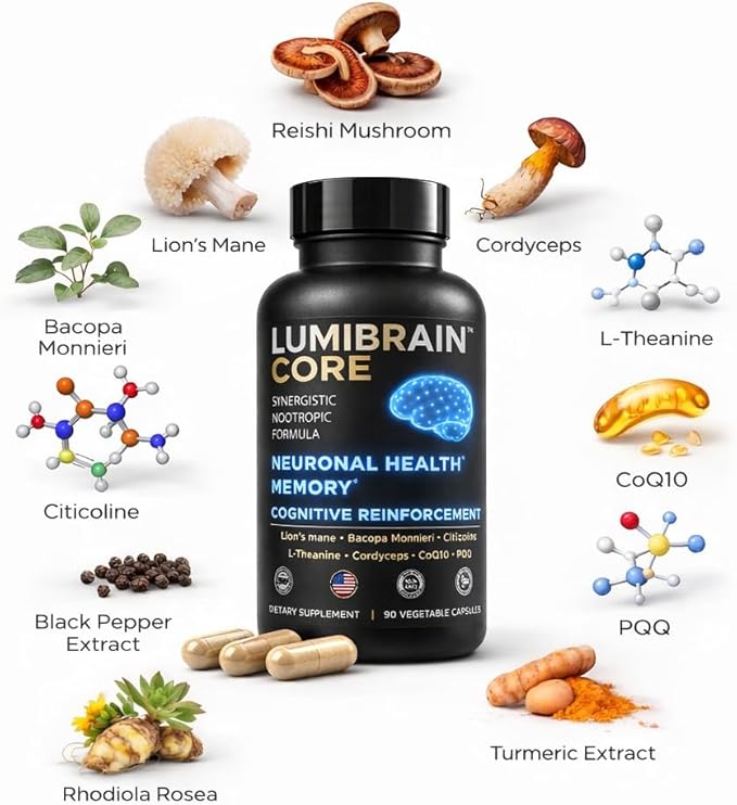 LumiBrain™ CORE Brain Supplement for Memory and Focus, Caffeine-Free Nootropic for Brain Energy, 90 Capsules