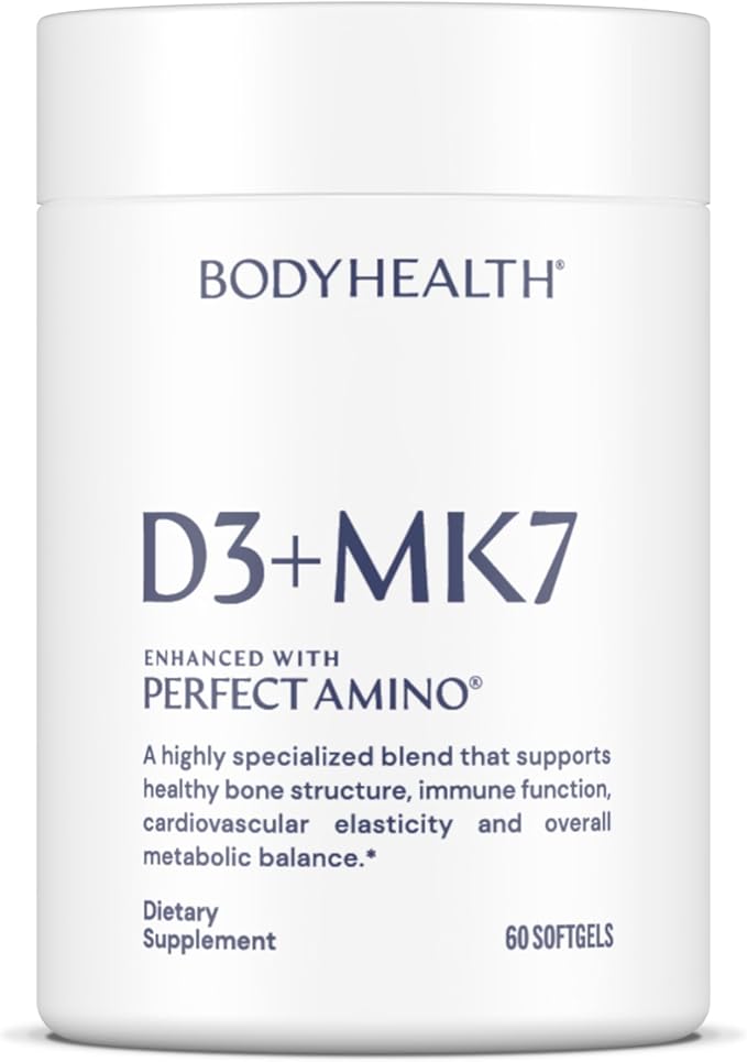 BodyHealth D3 + MK7 - Vitamin D3 5000IU, Vitamin K1, Vitamin K2 - Easy to Swallow Supplement, Supports Bone Strength & Calcium Absorbtion* - 60 Softgels