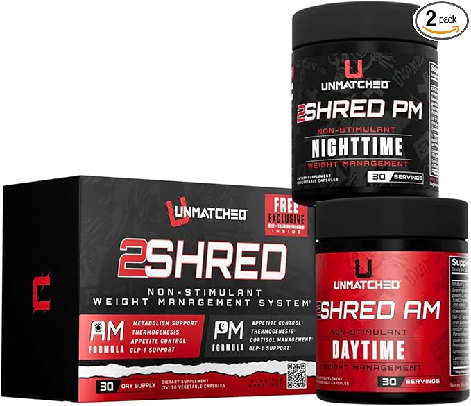 Unmatched 2Shred AM + PM | Non Stimulant Weight Management System | Thermogenesis, Fat Burning, & Appetite Control | 180 Vegetable Capsules, 30 Day Supply