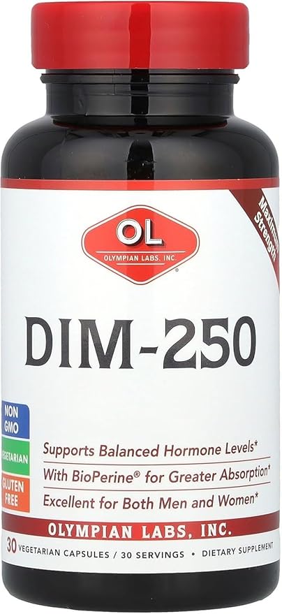 Olympian Labs DIM Supplement 250mg with BioPerine® – 30 Capsules – Supports Healthy Estrogen Metabolism, Hormonal Balance & Overall Wellness for Men and Women