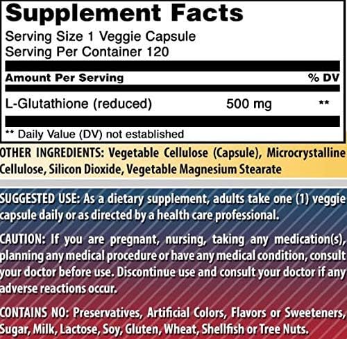 Amazing Formulas L-Glutathione 500 Mg Supplement | Vegetarian Capsules | Non-GMO | Gluten-Free | Made in USA (1 Pack | 120 Count)