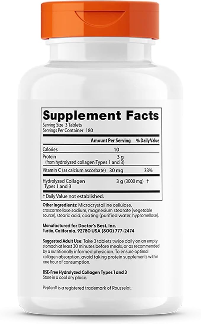 Doctor's Best Collagen Peptides Types 1 and 3 - Collagen Supplement for Women & Men, 30mg Vitamin C & 3g Protein per 3-Tablet Serving, Supports Hair, Skin, Nails, & Bones, Non GMO- 540 Tablets