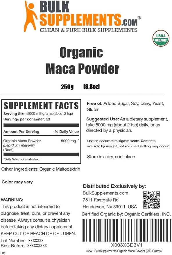 BulkSupplements.com Organic Maca Powder - Organic Maca Root Powder, Superfood Supplement - Gluten Free, 5g per Serving, 250g (8.8 oz) (Pack of 1)
