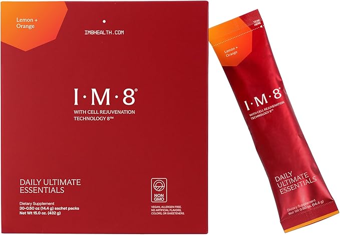 IM8 Daily Ultimate Essentials All-in-One Multivitamin Supplement, 92 Nutrient Rich Ingredients CoQ10, Probiotics, Vitamins, Greens, Gluten Free, Vegan (30 Packets, Lemon & Orange)