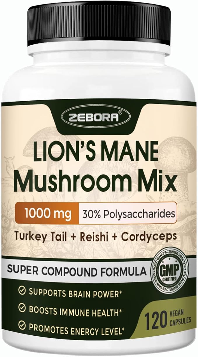 ZEBORA Lions Mane Supplement Capsules - Mushroom Supplement with Lions Mane, Cordyceps, Reishi, Turkey Tail, Shiitake - Lion's Mane Mushroom for Memory, Focus & Immune Support - 120 Vegan Capsules