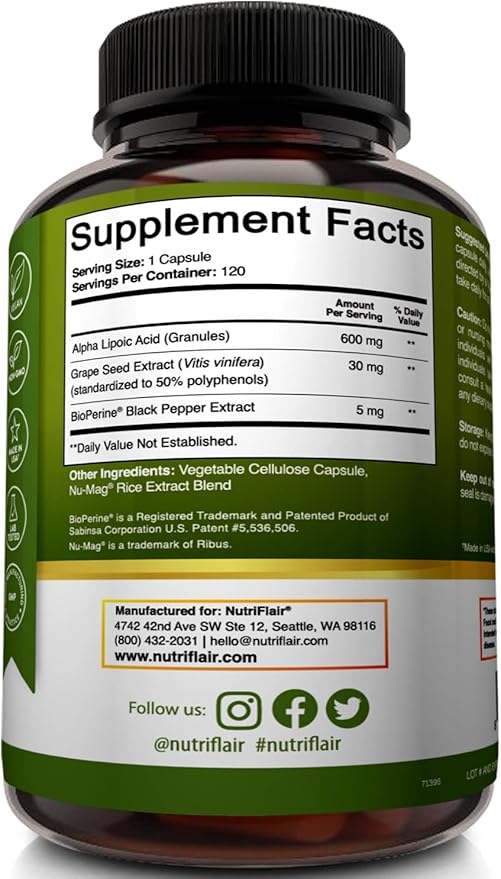 NutriFlair Alpha Lipoic Acid 600mg, 120 Capsules - with Grape Seed Extract and BioPerine Black Pepper - Extra Strength