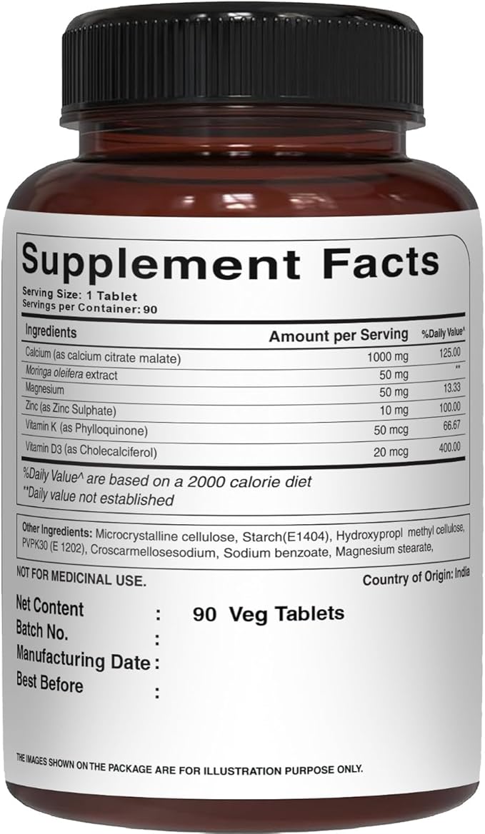 Pure Nutrition Ultra Calcium 1000mg with VIT D3 + K | 180 Tabs (90 X Pack of 2) | Calcium Supplement with Calcium Citrate Malate, VIT D3, K, Moringa Oleifera, Magnesium and Zinc.