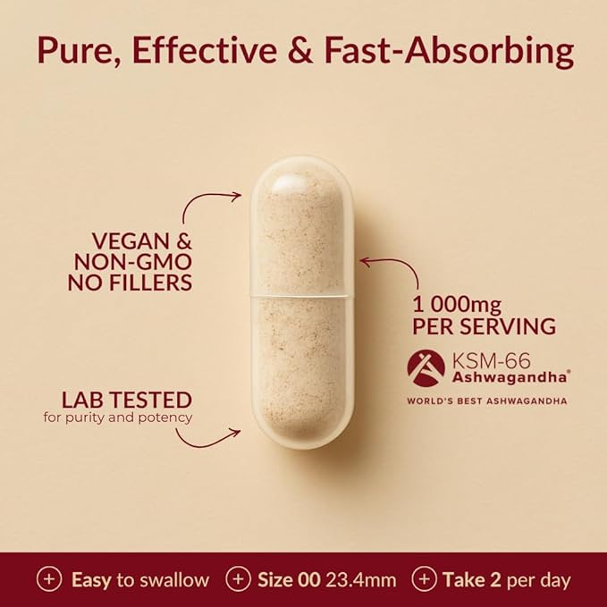 Ashwagandha Capsules – KSM-66® 1000mg Daily Dose – Pure Organic Root Powder Extract Ayurvedic Supplement - Stress Relief & Sleep Support Supplement - Supports Balanced Energy Levels.