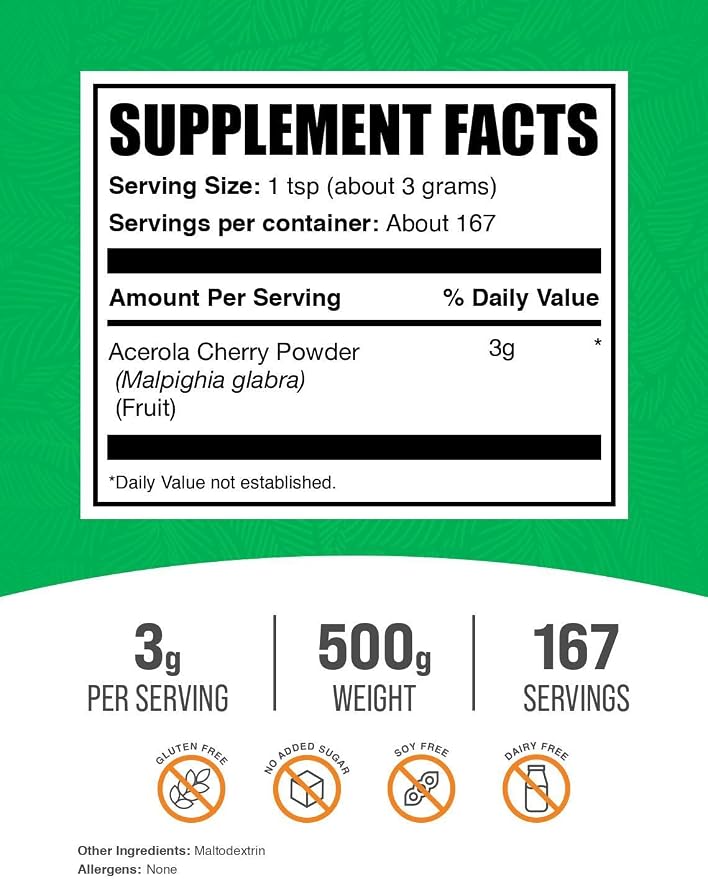 BulkSupplements.com Acerola Cherry Powder - Fruit Powder, Acerola Cherry Supplement, Vitamin C Supplement - Gluten Free, 3g per Serving, 500g (1.1 lbs) (Pack of 1)