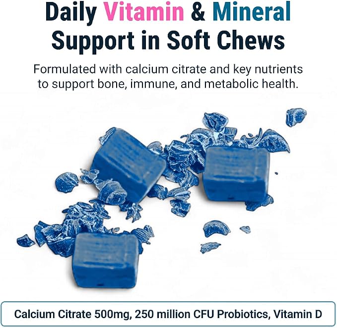 BariatricPal Sugar-Free Calcium Citrate Soft Chews | 500mg with Vitamin D & Probiotics | Blue Raspberry | 90 Count (1 Month Supply)