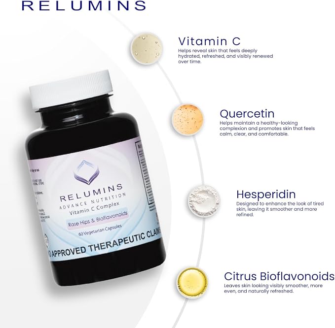 Relumins Advanced White Set - 1650mg Glutathione Complex (90 Capsules) and Advanced Vitamin C with Rose HIPS and Bioflavonoids (60 Capsules) Bundle, 1 Month Supply
