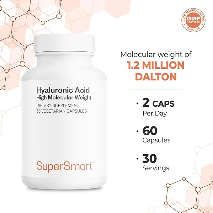 Supersmart Hyaluronic Acid Supplement 300mg per Day (Sodium Hyaluronate) - High Molecular Weight 1.2 Million Daltons | Non-GMO & Gluten Free - 60 Vegetarian Capsules