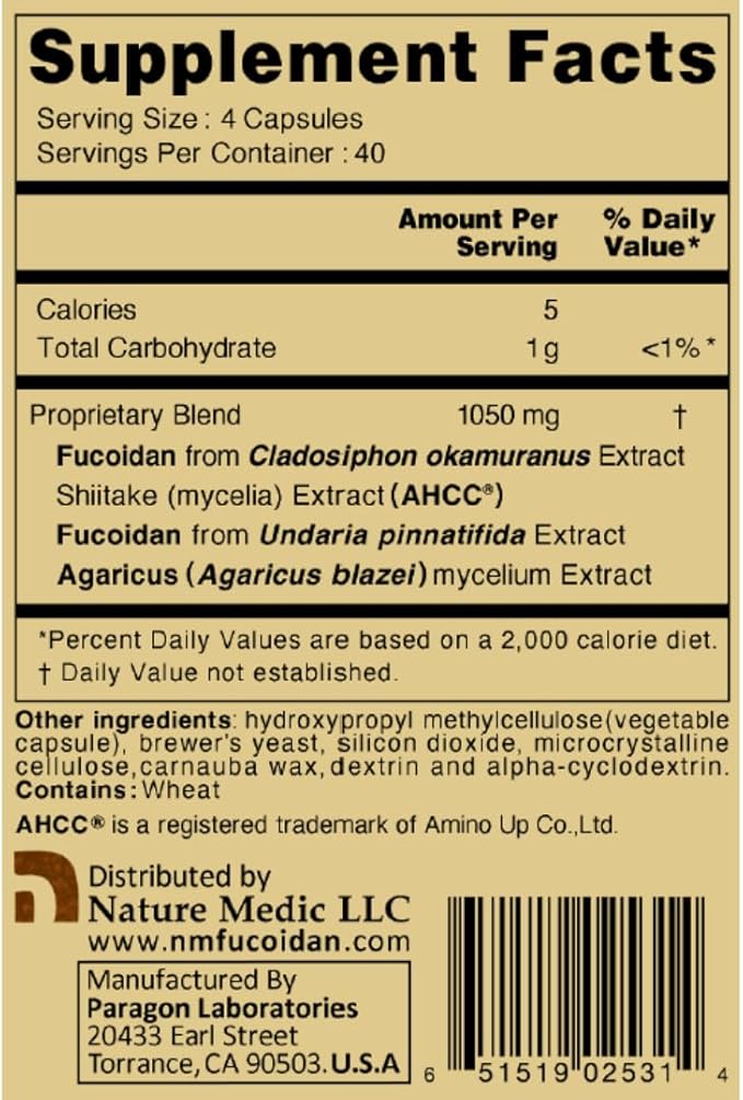 Fucoidan Powered with AHCC® Brown Seaweed Immunity Supplement with High Purity Mekabu Mozuku Agaricus 5 Bottles - 800 Vegetable Capsules