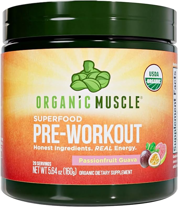 Organic Muscle Organic Pre Workout Powder, Passionfruit Guava — USDA Organic Superfood Blend | Maca, Beet Root, Cordyceps, Rhodiola | 150mg Natural Caffeine, Vegan, No Jitters, 20 Servings