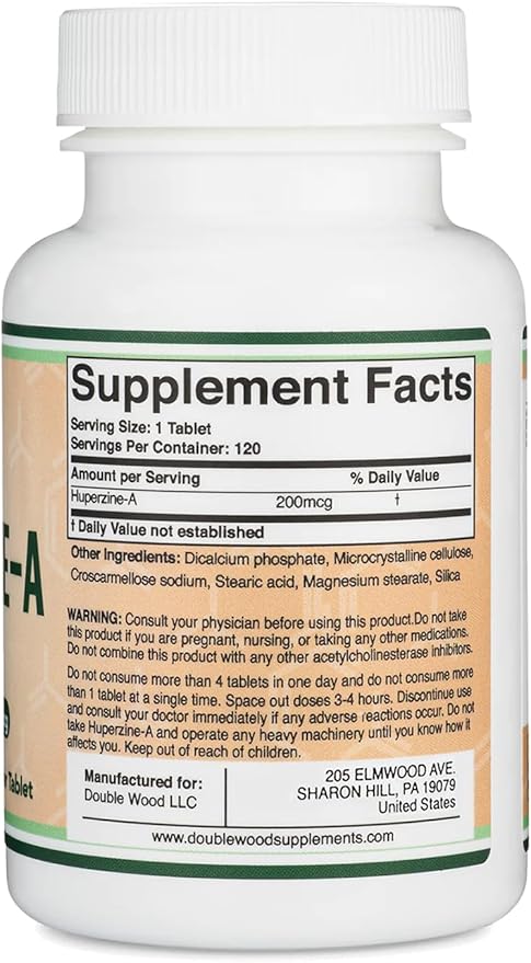 Huperzine A 200mcg (Third Party Tested) 120 Tablets, Brain Supplement to Promote Acetylcholine (Acetylcholinesterase Inhibitor) - Supports Memory and Focus by Double Wood (Pack of 2)