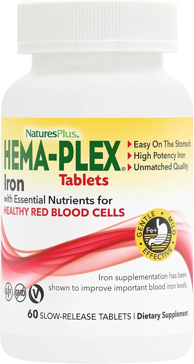 NaturesPlus Hema-Plex Iron - 60 Slow-Release Tablets - 85 mg Chelated Iron - Total Blood Health - With Vitamin C & Bioflavonoids - Non GMO, Vegetarian & Gluten Free - 60 Servings