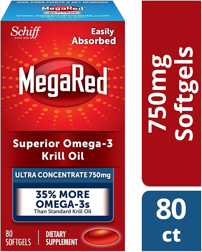 MegaRed Ultra Concentrate 750mg Omega-3 Krill Oil Fatty Acid Supplement with EPA/DHA, Antioxidant Astaxanthin, No Fish Oil Aftertaste Supports Heart Health, 80 Count Softgels (2 Pack)