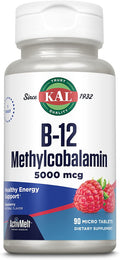 KAL Vitamin B12 Methylcobalamin 5000mcg, Healthy Energy, Metabolism, Nerve & Red Blood Cell Support,* Fast Dissolve ActivMelts, Optimal Absorption, Natural Raspberry Flavor, 90 Servings, 90 Micro Tabs