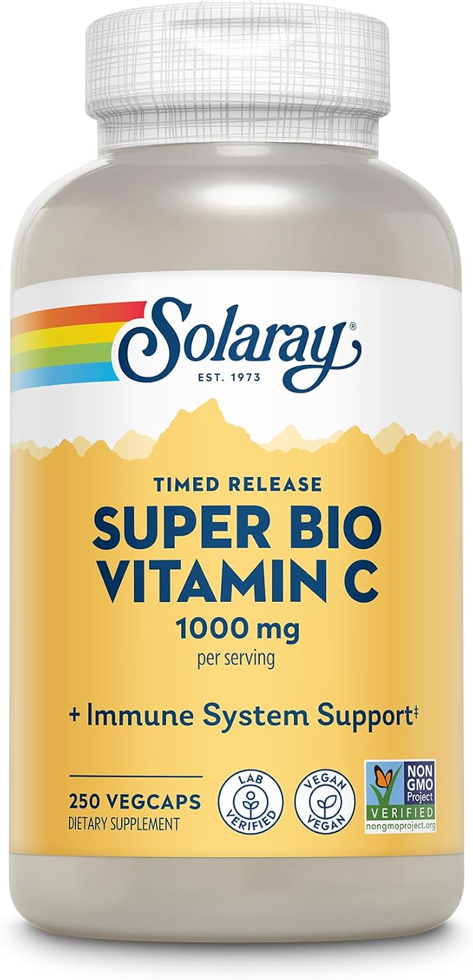 SOLARAY Super Bio Vitamin C 1000mg, Buffered, Two-Stage Timed Release with Bioflavonoids, Immune Support Supplement, High Absorption, Vegan, 60-Day Guarantee – 250 VegCaps