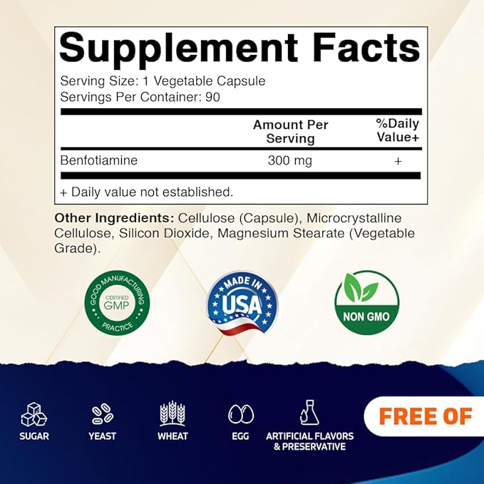 Vitamatic Benfotiamine 300 mg 90 Vegetarian Capsules - Also Called Fat Soluble Vitamin B1 (90 Count (Pack of 1)) (3 Bottles)